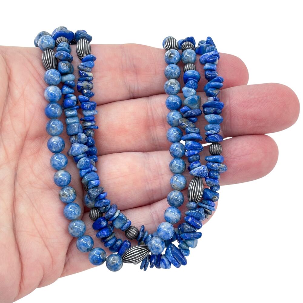 Vintage Sterling Silver 925 Blue Lapis Lazuli Multi Strand Necklace 16"-20"
